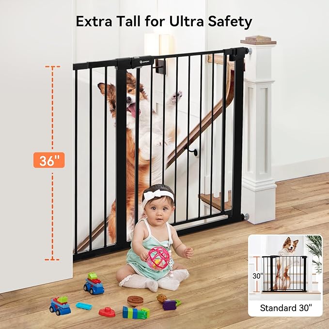 COMOMY 36" Extra Tall Baby Gate for Stairs and Doorways - Fits 29.5" to 48.8" Wide Openings, Auto Close Extra Wide Dog Gate for House, Pressure Mounted Easy Walk Through Pet With Door, Black