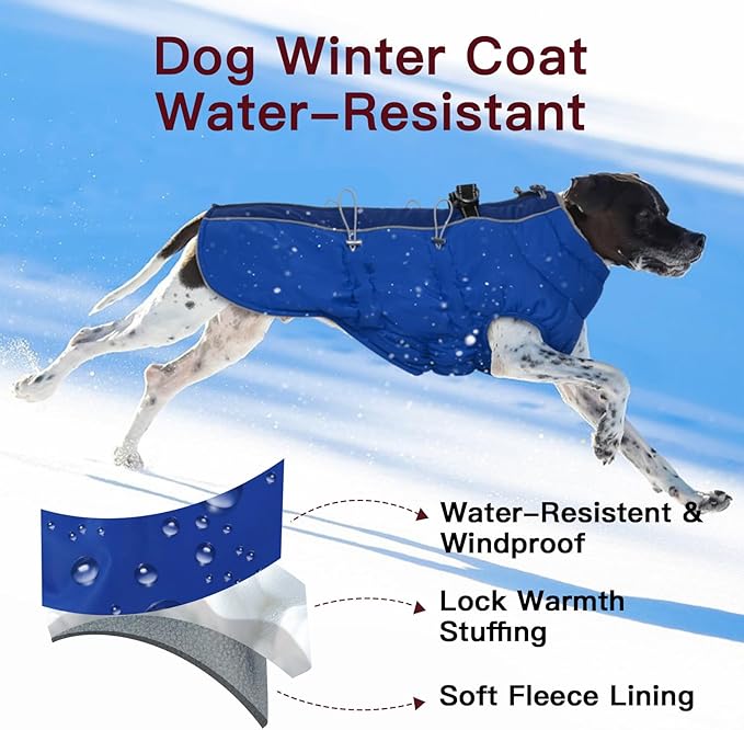 Dog Coat Dog Winter Jacke- XX Large, Warm Zip Up Snowsuit Dog Harness Vest Reflective Water-Resistant Dog Coat Dog Snow Jacket for Large Dogs Border Collie, Pit Bull, Royal-Blue