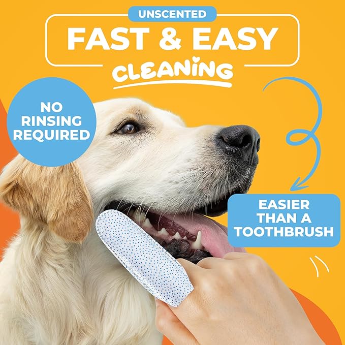 Dog & Cat Teeth Cleaning Wipes - Dental Finger Wipes for Cats & Dogs - Pet Toothbrush & Tooth Brushing Kit - Effective Teeth Cleaner (Unscented)