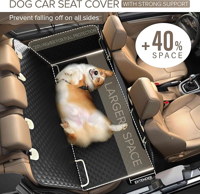 SHARLOVY Back Seat Extender for Dogs, Heavy Duty Dog Car Seat Cover for Back Seat and Aggressive Chewer, Large Hard Bottom Seat Cover for Dogs, Dog Hammock for Car, Travel Pet Bed for Car, SUV, Truck