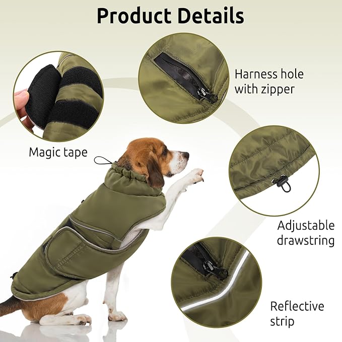 Peferhouse Extra-Large Dog Warm Winter Coat, Windproof Reflective Jacket with Harness Hole, Thick Dog Vest Jacket ArmyGreen XL