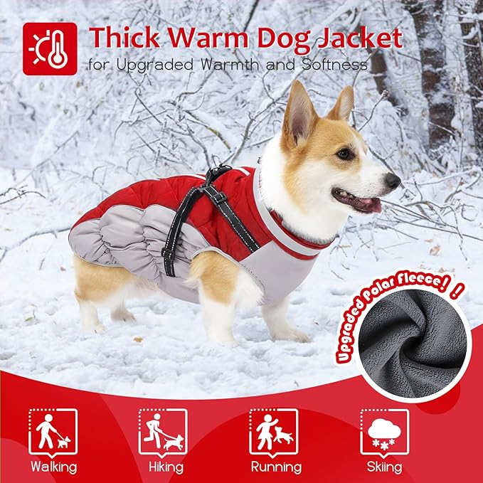 Dog Winter Coat with Harness, Dog Jacket, Pet Clothes with Zipper on Back, Waterproof Windproof Warm Vest, Reflective Cold Weather Coats, for Small Medium Large Dogs, Thick, Red, M