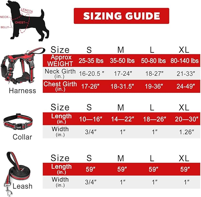 WINSEE Pet Harness Collar and Leash Set, All-in-one Reflective Dog Harness No Pull with Adjustable Buckles for Puppies, Small, Medium, Large, and Extra-Large Dogs (Small, Red)