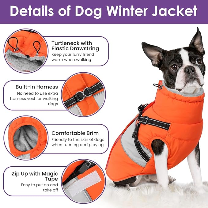 SUNFURA Dog Coat, XXL Dog Jacket Winter with Harness Built in, Waterproof Pet Snow Jacket with Furry Collar for Chilly Day, Reflective Fleece Snowsuit for Extra Large Dogs, Orange 2XL