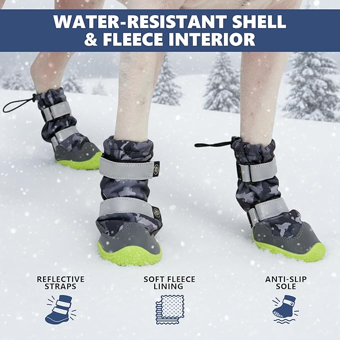 Spark Paws Dog Shoes, Waterproof Dog Boots for Medium to Large Dogs, Non Slip, Breathable Dog Booties and Paw Protectors - 4PCS Doggie Hiking Boots with Reflective Straps, Gray Camo, Size 7