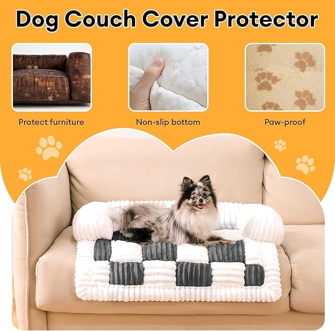 FUNNY FUZZY Pet Couch Covers for Sofa, Small Dog Couch Cover Bed Cozy Cream Plaid Washable Pet Mat for Furniture Protector Sofa Cover for Dogs Cats, Small, Black