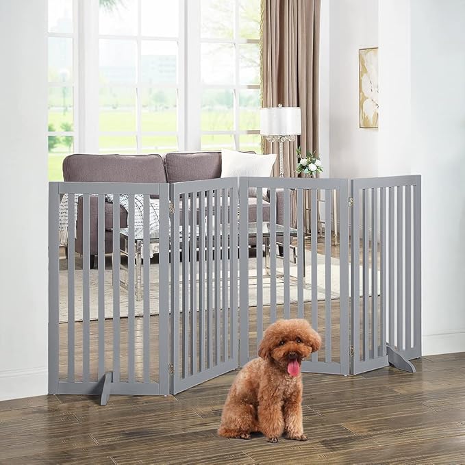 unipaws 36”H Free Standing Pet Gate for Dog Cat, Tall Wooden Dog Gates for Doorway, Stairs, Foldable Pet Fence for The House, Expandable Barrier, Indoor Use, Grey