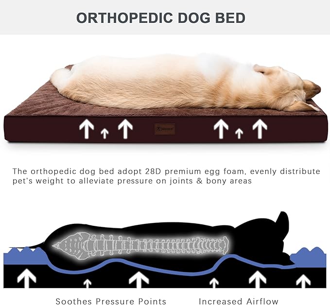 MIHIKK Waterproof Dog Beds Large Sized Dog Orthopedic Dog Beds for Crate with Removable Washable Cover Egg-Crate Foam Pet Pad Mat with Anti-Slip Bottom, 41x27 Inch, Brown