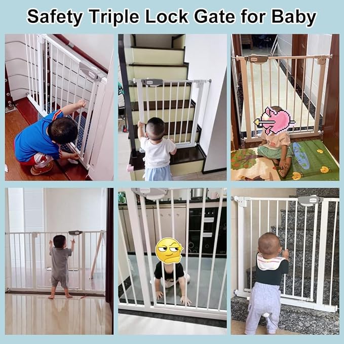 WAOWAO Triple Lock 77.17-84.65" Baby Gate Extra Wide Pressure Mounted Walk Through Swing Auto Close Safety White Metal Dog Pet Puppy for Stairs,Doorways,Kitchen