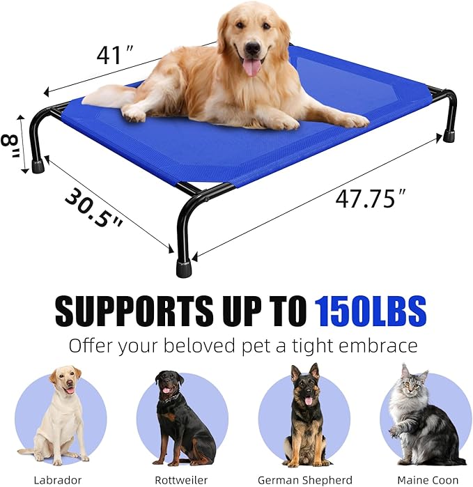 Simple Trending Raised Dog Bed for Large Dogs, Waterproof XL Dog Cot, Outdoor Cooling Elevated Pet Bed, 47.75" x 30.5", Blue