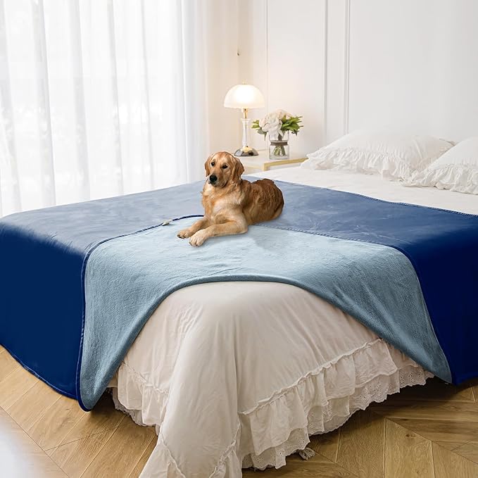 Waterproof Blanket for Bed Protection, Washable Dog Blankets for Couch, Soft Reversible Pet Throw Furniture Protector Cover for Sofa-82"x108",Navy Blue+Stone Blue
