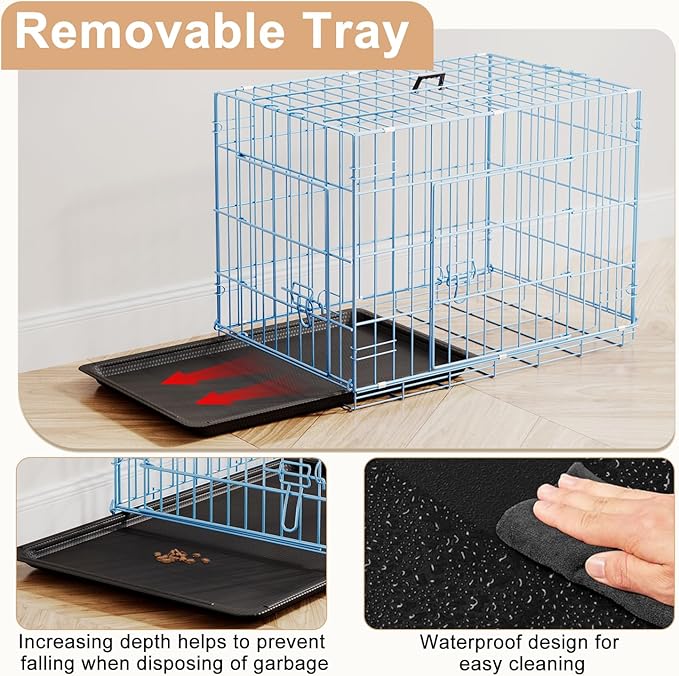 FDW 24inch Dog Crate Pet Cage with Metal Folding Design Plastic Tray Indoor Outdoor Dog Kennel Cage for Small Dogs,Blue