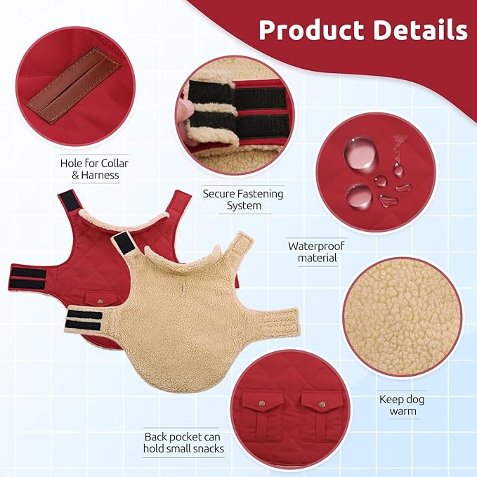 ASENKU Warm Dog Winter Coat Fleece & Turtleneck Dog Puffer Jacket with Pockets Waterproof Pet Cold Weather Clothes with Leash Hole for Medium Large Dogs