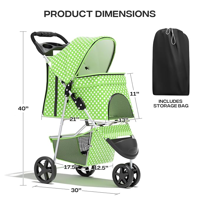 Dog Stroller for Small Dogs 10 Lbs 20 Lbs, Pet for Medium Dogs 30 Lbs, Cat Strollers for 1 Cats, 3 Wheels Foldable Jogger Puppy Stroller with Storage Basket and Cup Holder, Green Polka Dots