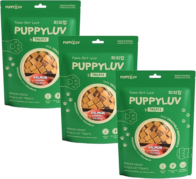 Puppyluv Treat - Freeze Dried Salmon Dog & Cat Treats, Wild Caught, Single Ingredient, High Protein, Omega 3/6/9, Grain Free, Gluten Free, 3.0oz x 3p
