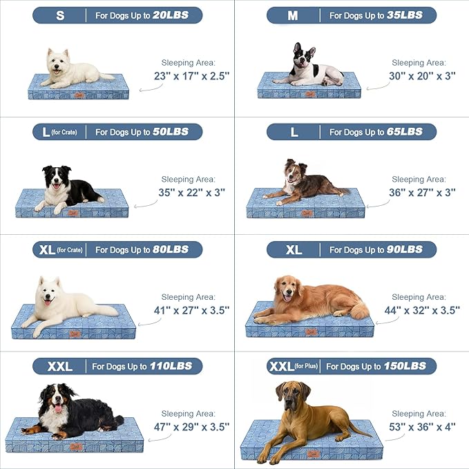 Outdoor Extra Large Dog Crate Bed, Big Waterproof Dog Bed for Large Dogs, Orthopedic Egg Foam XXL Pet Mat with Removable Cooling Cover, White Blue