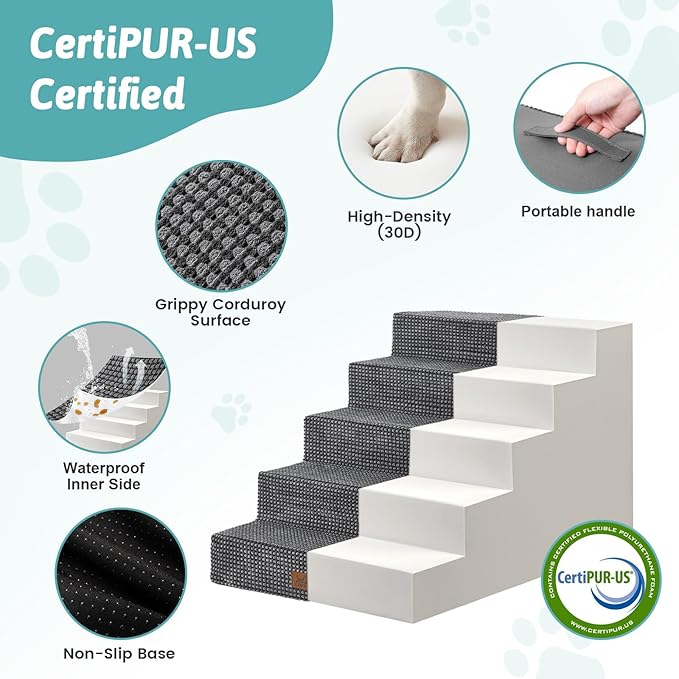 Slope Dog Stairs for Small Dogs 17.7" H, Pet Steps for Bed, Couch with Certified Foam, Non-Slip Dog Ramp Ladder for Puppy Older Cats, 5 Step, Charcoal Grey