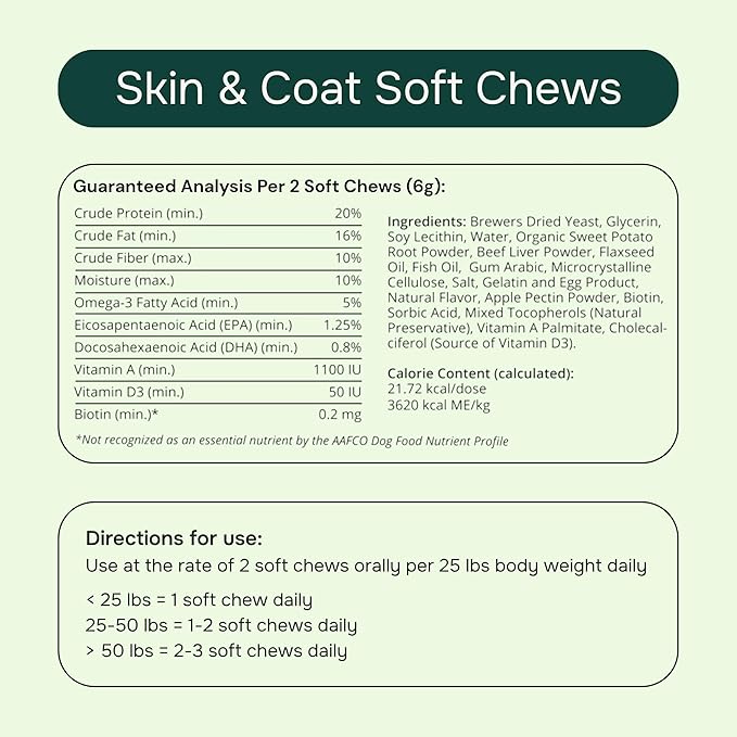 PetMeds Skin & Coat Supplement for Dogs - Fish Oil, Omega 3, Vitamin E, & Biotin for Dry, Itchy Skin & Shedding Relief - Healthy Skin & Shiny Coat - Beef & Sweet Potato Flavor - 60 Soft Chews