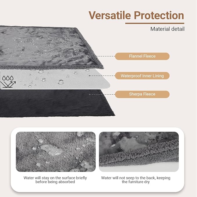 Waterproof Dog Blanket for Large Dogs - Reversible Washable Pet Blanket, Soft Sherpa Fleece Furniture Protector, Cat Throw Bed Couch, Grey,50"x60"