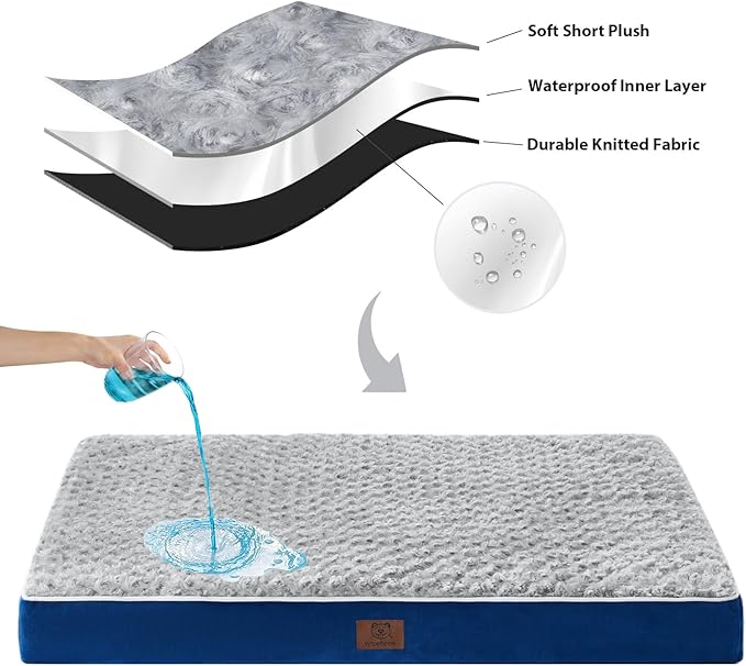 WNPETHOME Orthopedic Large Dog Bed, Extra Large Waterproof Dog Bed with Removable Washable Cover & Anti-Slip Bottom,Egg Crate Foam Pet Bed Mat,Soft Rose Plush Pet Crate Mat