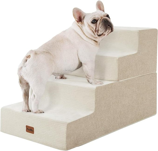 Made4Pets Dog Steps for Bed, Extra Wide Dog Stairs for High Bed Couch Sofa, 35D Foam Pet Steps for Small Dogs and Cats(Up to 40lbs), Non-Slip Bottom Pet Stairs, Beige, 4 Steps
