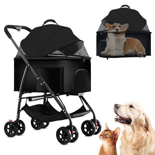 3 in 1 Dog Strollers 4 Wheels Folding Pet Stroller with Detachable Carrier Multifunction Portable Dogs Travel Carriers for Medium Small Puppy Kittens(Solid Black)