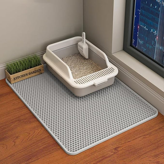 Cat Litter Mat Cat Litter Trapping Mat, 30 x 22 inch Honeycomb Double Layer Design, Urine and Water Proof Material, Scatter Control, Less Waste, Easier to Clean, Washable Gray