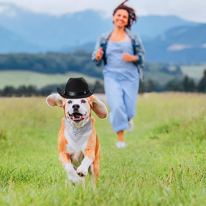 Yewong Pet Cowboy Costume Accessories - Dog Cat Pet Size Cowboy Hat and Bandana Scarf West Accessories for Puppy Kitten Party Festival and Daily Wearing Set of (Black Hat+White Bandana)