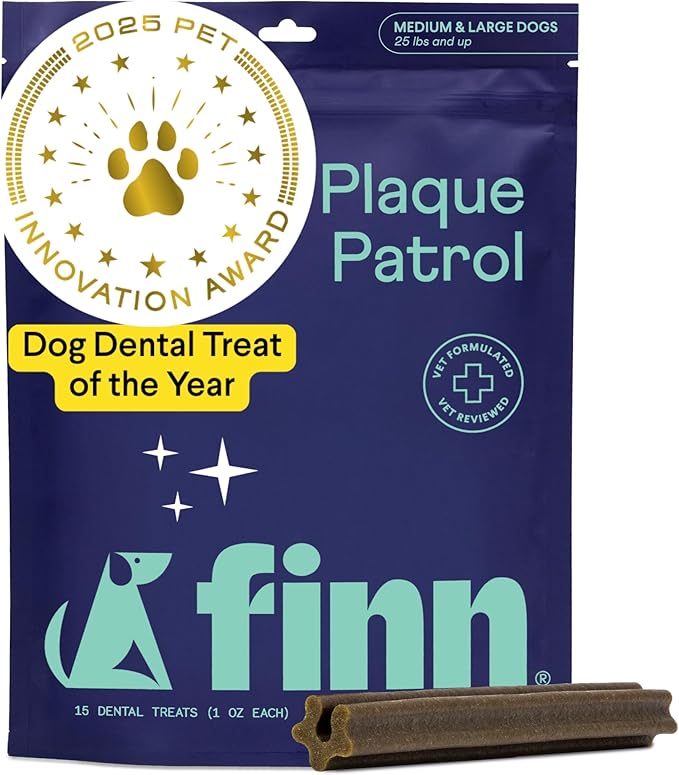 Finn Plaque Patrol Dental Chews | Triple-Action Defense Against Plaque, Tartar, and Bad Breath | for Medium/Large Dogs, 25+ lbs