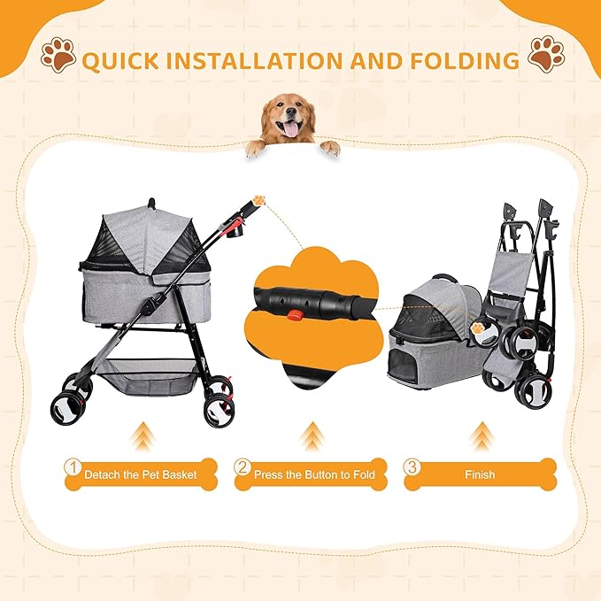 ZENY Pet Stroller, 3 in1 Foldable Dog Cat Jogger Stroller with 4 Wheels, Detachable Basket and Cup Holder, Travel Folding Carrier for Small/Medium Pet