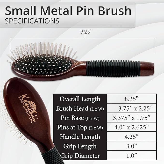 Kenchii Pet Grooming Metal Pin Brush for Dogs and Cats, Solid Wood Handle, Non Slip Grip, Detangling and Shedding Brush for Long or Short Haired Pets, Size Small