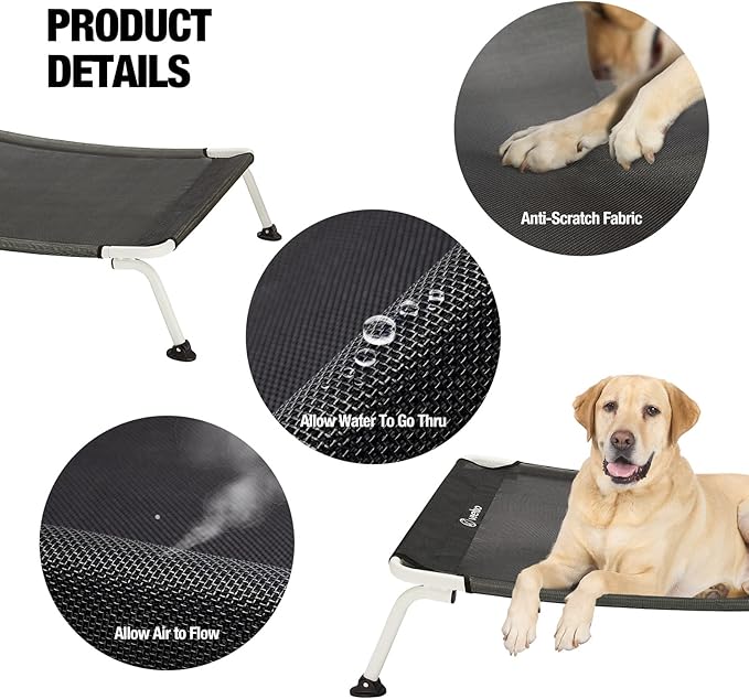 Veehoo Elevated Dog Bed for Outdoor, Cooling Waterproof Raised Dog Cots Beds for Large Dogs, Curved Off Ground Pet Hammock Cot Lifted for Outside, up to 85lbs, White Legs, Black 42"