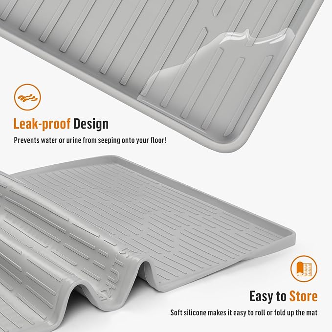 Silicone Cat Litter Mat, 28" x 22" Large Cat Litter Box Mat Litter Trapping Mat for Scatter Control, Waterproof, Soft on Kitty Paws, Clean Floor (Grey)