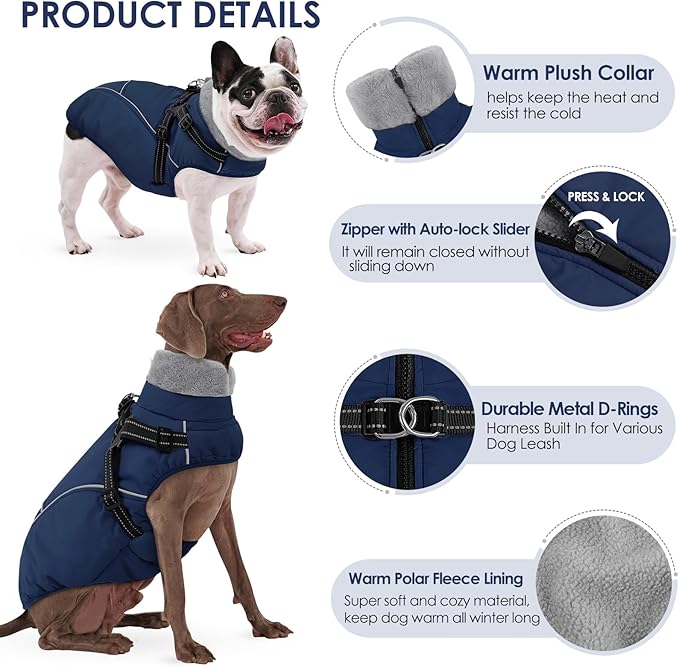 AOFITEE Large Dog Coat, Waterproof Dog Jacket Winter with Harness Built in, Warm Fleece Pet Puffer Jacket with Zipper, Cold Weather Coats for Dogs, Reflective Pet Snowsuit, Great Dane, Blue XXXL