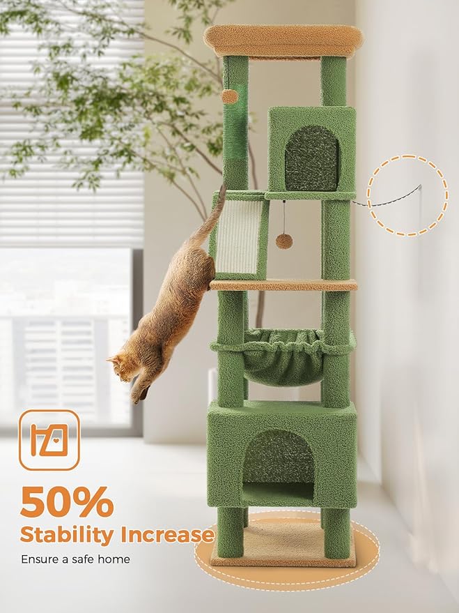 71 Inch Tall Cactus Cat Tree for Indoor Cats Large Adult, Multi-Level Cat Tower with Extra Large Hammock, 2 Cat Caves, Spacious Top Perch, Scratching Pad, Green
