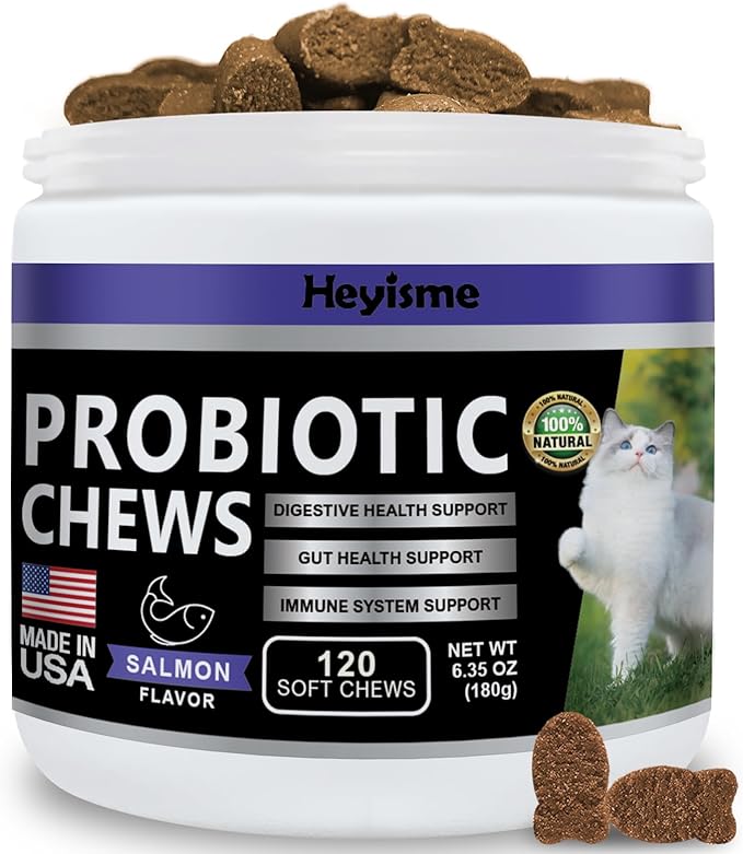 Cat Probiotic, Chews for Gut and Immune Health, Cats Probiotic Supplement for Cat Digestive Support, Healthy Digestion, Cat Constipation and Diarrhea Relief (120 Pills, Salmon)