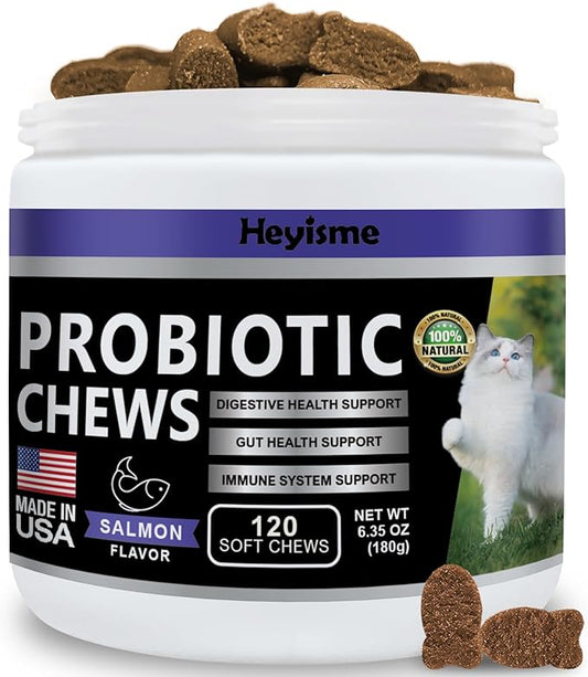 Cat Probiotic, Chews for Gut and Immune Health, Cats Probiotic Supplement for Cat Digestive Support, Healthy Digestion, Cat Constipation and Diarrhea Relief (120 Pills, Salmon)