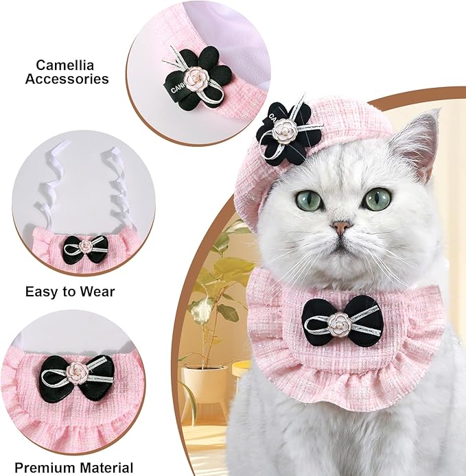 2PCS Cat Beret Hat with Camellia, Adjustable Bow Bandana Scarf Set Pet Princess Costume for Halloween Christmas, Cat Dog Birthday Party Apparel (Camellia)