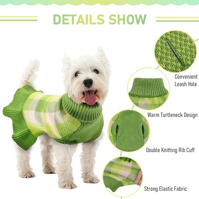 Dog Sweater Dress Plaid Knitwear for Small Medium Dogs Warm Puppy Pet Turtleneck Stretch Pullover Cute Fall Winter Vest Clothes with Leash Hole for Christmas (Green, 2XS)