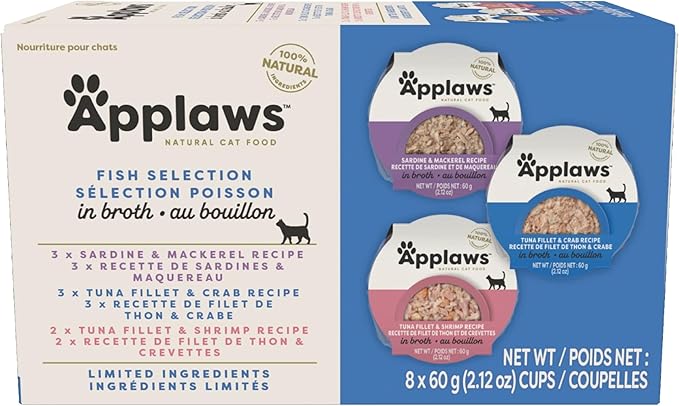 Applaws Natural Wet Cat Food, 8 Count, Limited Ingredient Cat Food Pots, Fish Variety Count in Broth, 2.12oz Pots