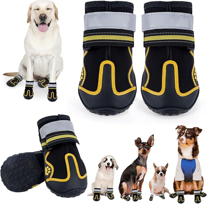 Dog Shoes for Hot Pavement,Dog Boots & Paw Protectors for Large Medium Size Dogs to Prevent Licking,Dog Booties with Reflective for Outdoor,Hiking,Hardwood Floors,Winter Snow(Black Yellow, Size8)
