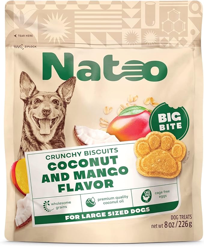 NATOO Healthy Treats for Large Dogs, Crunchy Biscuits Coconut & Mango Flavor – Natural Dog Treats, Rich in Omega 6, Prebiotics & Fibers, Antioxidants for Immunity (8 oz)