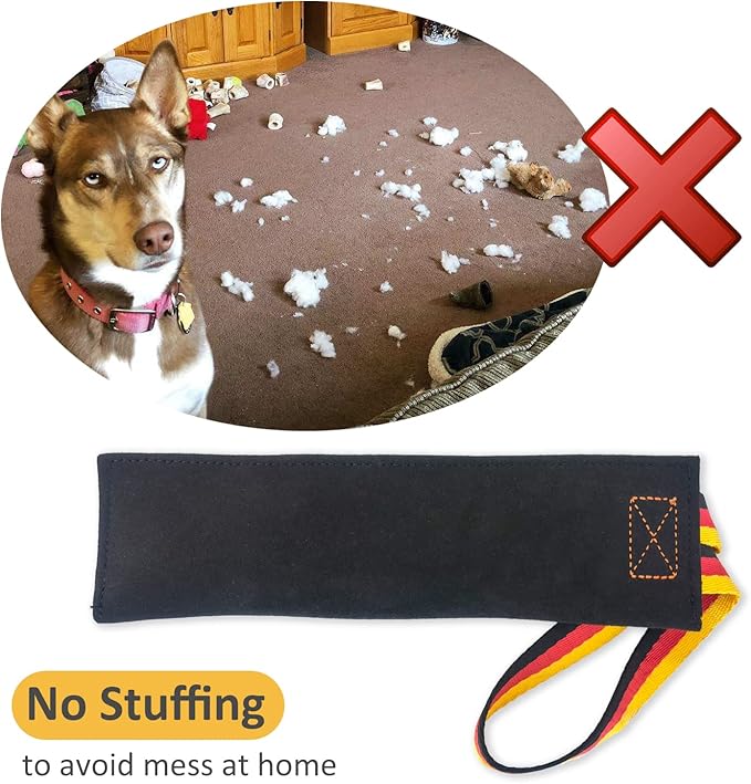 Dewonch No Stuffs Squeaky Leather Bite Tug Toy for Dog Training, K9 Puppy Stuffless Pull Toy with Handle to Build Prey Drive,Train Biting Grip,Play Tug of War Game (Squeaky Toy)