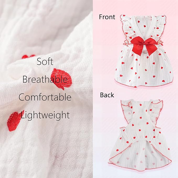 2 Pack Dog Dress Clothes for Small Dogs Girl with Leash Ring&Bows Puppy Cat Clothes Heart Print Cat Dog Outfit Dresses Ruffled Summer Pet Apparel Holiday Birthday Small