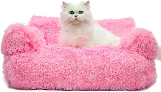 Cat Couch Bed for Indoor Cats, Calming Pet Sofa Puppy Sleeping Bed with Removable Washable Cover, Cute Dog Couch and Kitty Lounge Chair for 18lbs Cat & Small Dogs(Plush Pink)