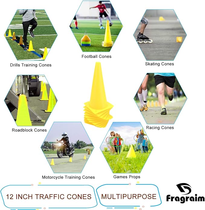 12 Inch Traffic Training Cones, Plastic Safety Parking Cones, Agility Field Marker Cones for Soccer Basketball Football Drills Training, Outdoor Sport Activity & Festive Events - 6 Colors