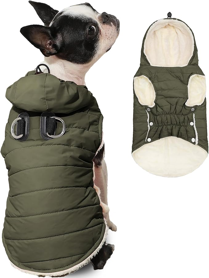 Fleece Lining Dog Hoodie with Harness Built in,Extra Warm Large Dog Jacket in Winter Doggie Coats with Drawstring Hooded,Green XXXL