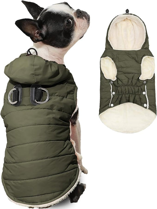 Fleece Lining Dog Hoodie with Harness Built in,Extra Warm Small Dog Jacket in Winter Puppy Coats with Drawstring Hooded,Green XS