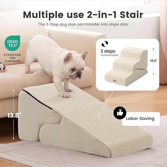 Gardner Pet Dog Stairs for Small Dogs 16.5" H, 2 in 1 Transformable 3-Step Pet Stairs and Dog Ramp for Couch (13-20 in), Beige Adjustable Pet Steps with Non-Slip Waterproof Cover and CertiPUR-US Foam