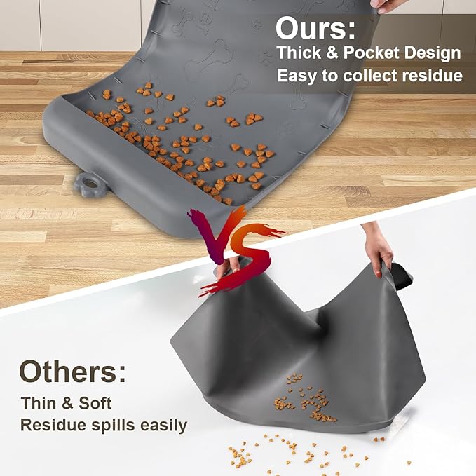 Dog Food Mat - Silicone Dog Mat for Water - 19" x 12" Pet Feeding Mats with Residue Collection Pocket - Waterproof Cat Bowl Mat with High Edges to Prevent Water Food Spills (Gray)